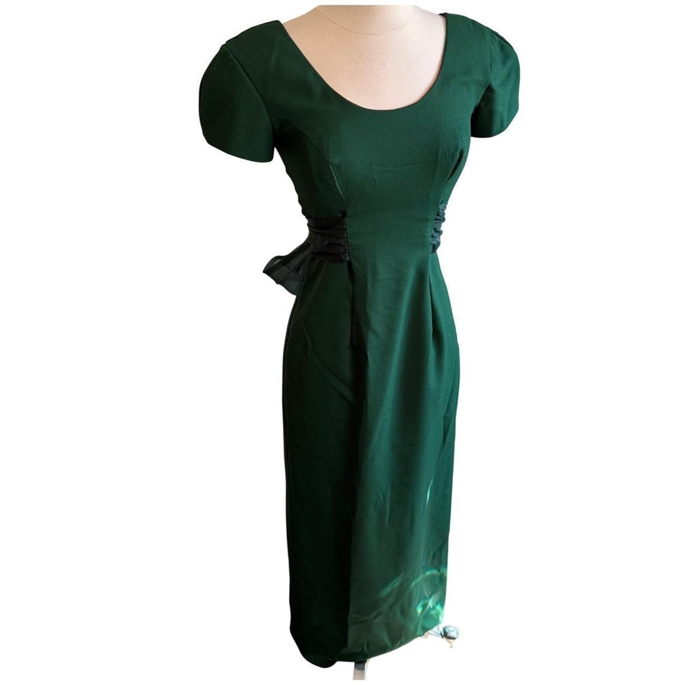 Green maxi dress short puff sleeve bow back formal gown 80's 90's